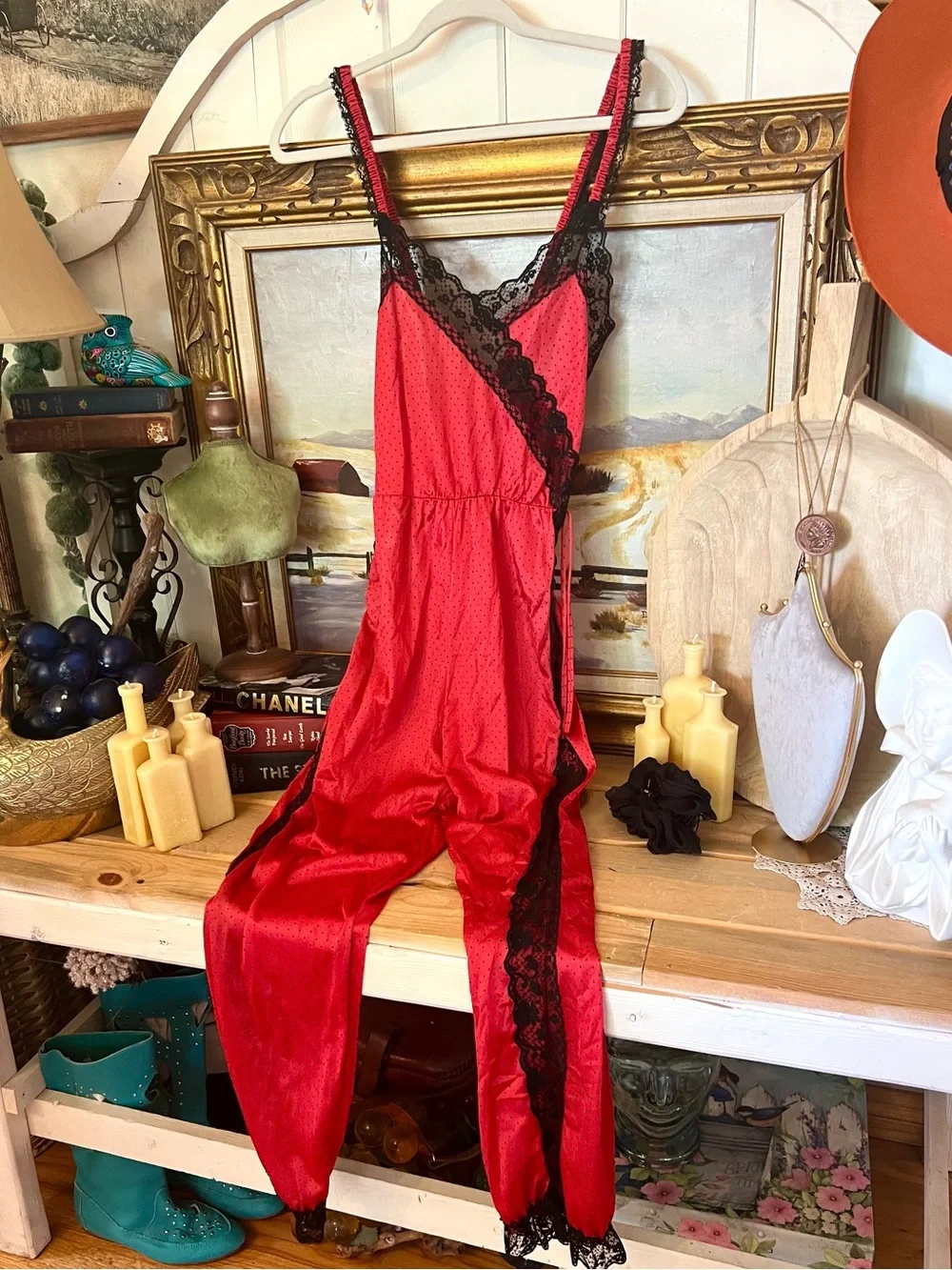 Vintage Petra Fashions Lingerie Babydoll Jumpsuit Red/Black Polka Dot Lace Trim